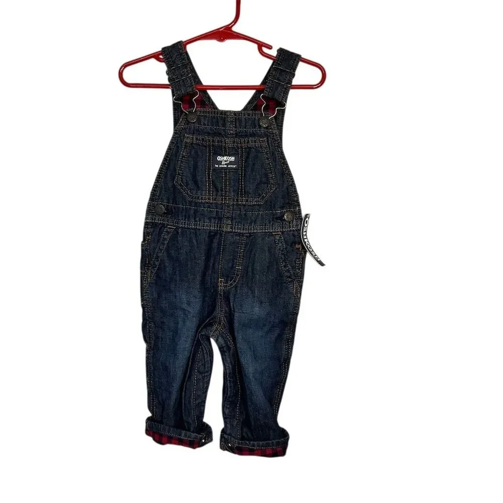 OshKosh B'gosh Baby Unisex Girl Boy Denim Overalls 12M Blue  Red Plaid Lined NWT